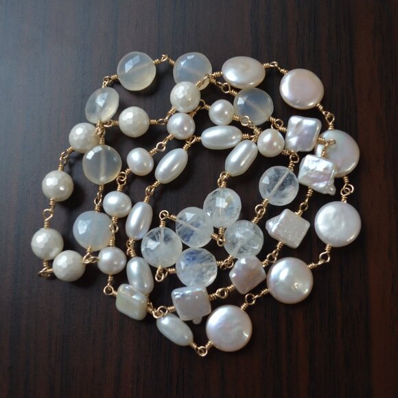 Long White Gemstone and Pearl Necklace in Gold - Picture 9 of 10